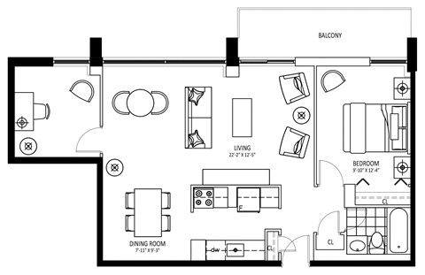 Floor plan for 1 bed, 1 bath, 808 sqft